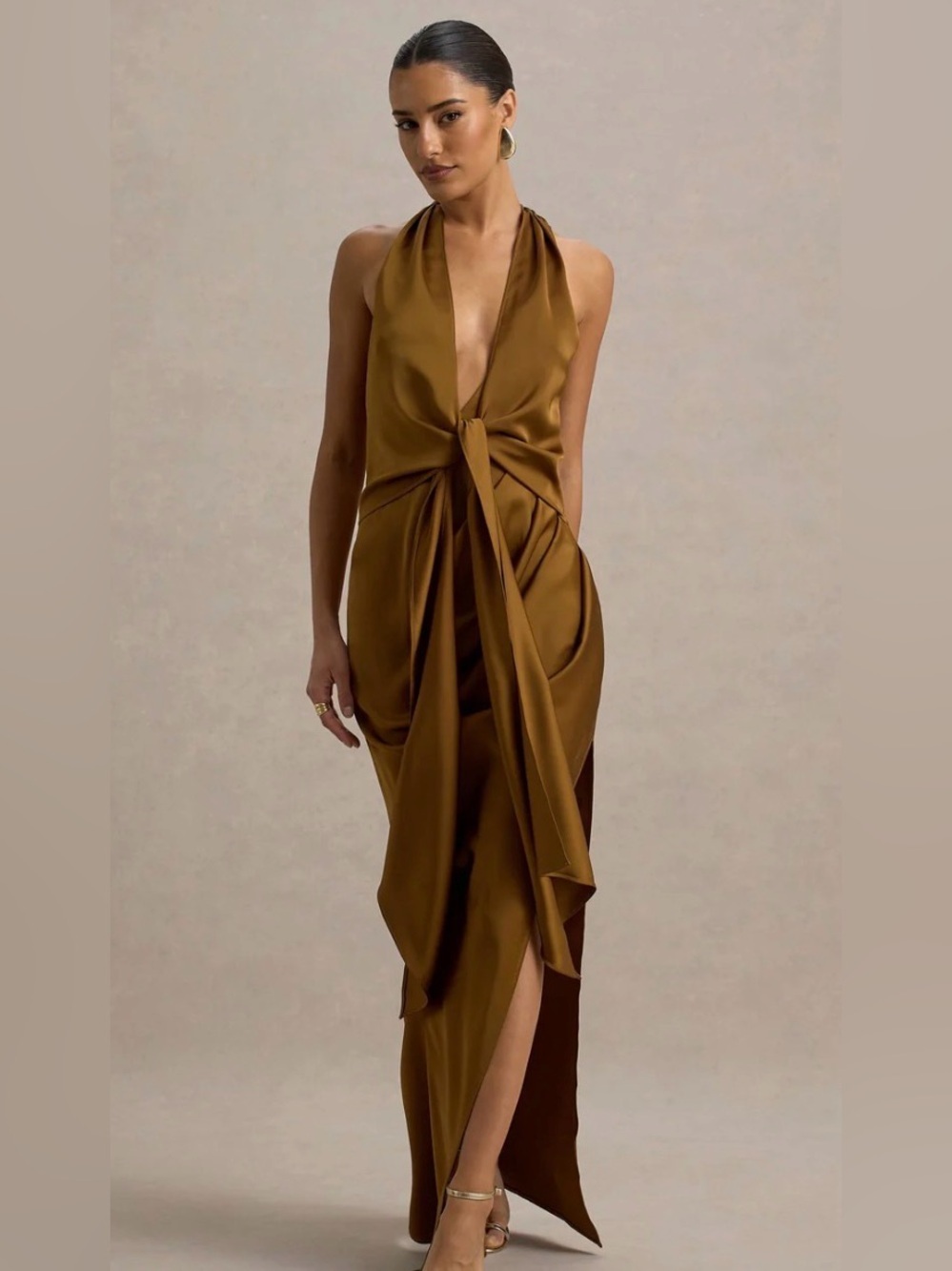 CLUBL London Dress Women’s 12 Lynette Olive Satin Plunge Neck Asymmetrical Maxi